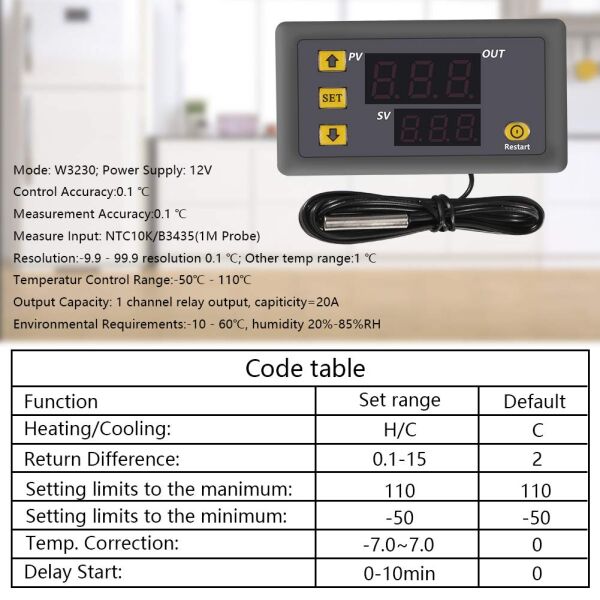 W3230 12V DC Dijital Sıcaklık Kontrol Cihazı LED Ekran Termostat